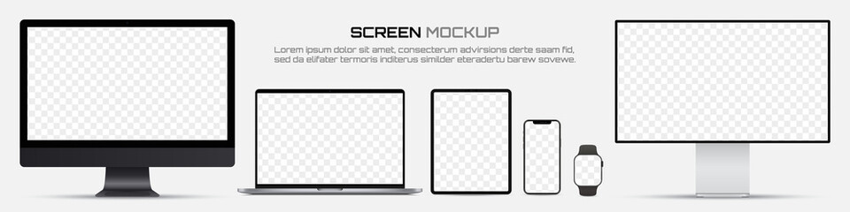Computer monitor, laptop, tablet, smartphone and smart watch with blank screen. Mockup of screen device