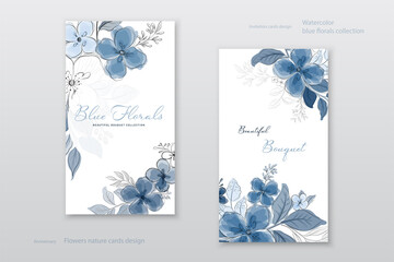 Beautiful blue watercolor flowers cards collection