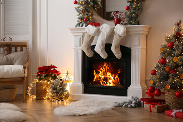 Canvas Print - Fireplace with Christmas stockings in beautifully decorated living room