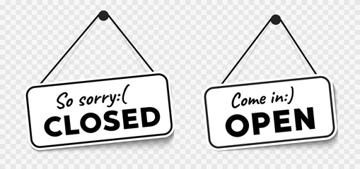 Aufkleber - Come in we're open or closed in signboard with a rope on transparent background. Vector