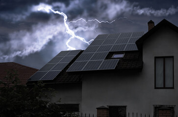 Wall Mural - dark cloudy sky with lightning over house. stormy weather