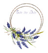 Original round frame made of natural twine with a bow and a bouquet of lavender flowers in Provence style. There is a place for your text. The watercolor illustration is made by hand.