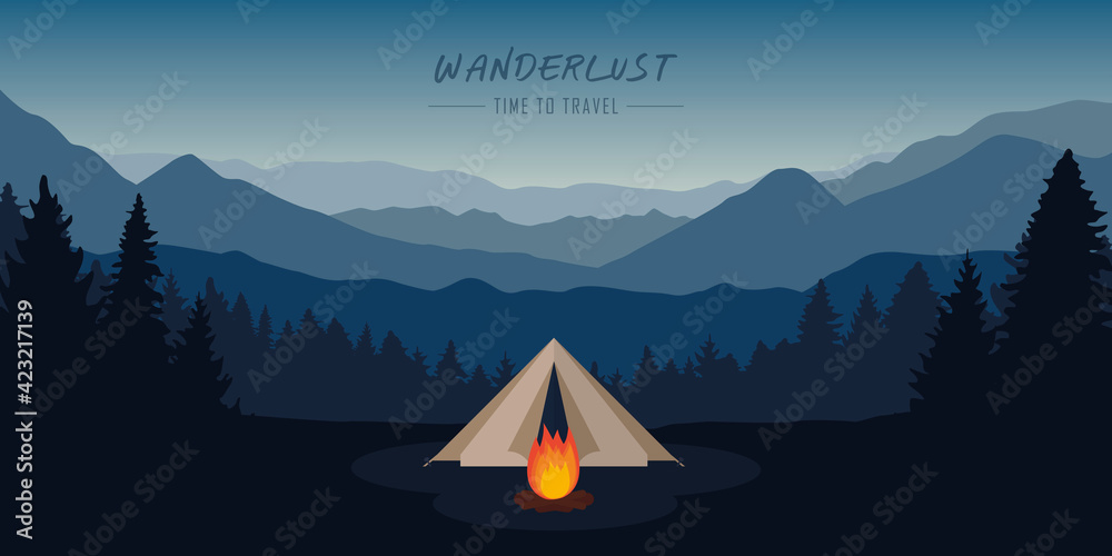 wanderlust camping adventure tent at mountain and forest landscape - obrazy, fototapety, plakaty 