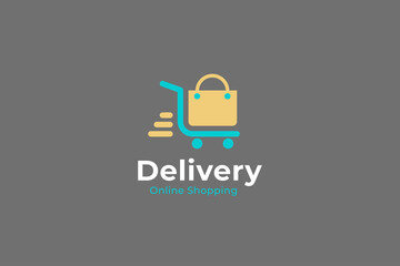 Poster - Online Shopping Delivery Logo. Blue and Yellow Shopping Cart with Shopping Bag Icon Combination isolated on Grey Background. Usable for Online Store Logos. Flat Vector Logo Design Template Element.