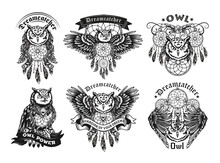 Retro Label Designs With Owls And Dreamcatcher Vector Illustration Set. Vintage Badges With Flying Night Owl Or Eagle-owl. Birds And Forest Animals Concept Can Be Used For Banner Or Poster