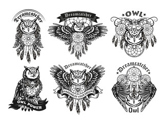 Fototapete - Retro label designs with owls and dreamcatcher vector illustration set. Vintage badges with flying night owl or eagle-owl. Birds and forest animals concept can be used for banner or poster