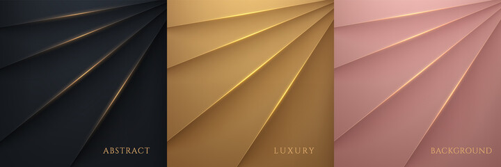 Wall Mural - Set of elegant black, gold, pink gold metallic glossy background, Overlapping layer with shadow with gold line luxury style. You can use for template brochure, poster, banner web. Vector illustration
