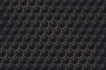 Wall Mural - Abstract 3d dark hexagon pattern on golden light background luxury style. Modern futuristic geometric shape web banner design. You can use for cover template, poster, flyer, print ad. Vector EPS10