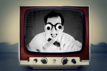 A funny weird scene on the screen of a retro tv: a crazy man with googly eyes, holding two electrical wires, about to receive a harmful shock; source code lines surrounding him.
