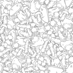 Poster - Many Mushrooms linear seamless pattern. Natural food theme vector background