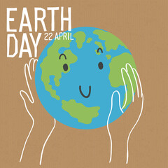 Wall Mural - Happy earth day poster. Save the earth concept poster. The hand gently holds the earth. Earth is a funny character. Vector illustration