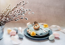 Easter Table Setting Ideas, Minimal Decoration - Easter Eggs, Willow Catkin Branches, Bird's Nest On Light Gray Background With Copy Space