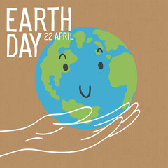 Wall Mural - Save the earth concept poster. The hand gently holds the earth. Earth is a funny character. Vector illustration