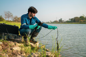 A technician use the Professional Water Testing equipment to measure the water quality at the public canal ,Portable multi parameter water quality measurement ,water quality monitoring concept