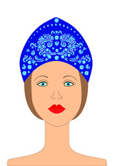 Wall Mural - A girl in a Russian headdress kokoshnik. Beautiful pattern on a blue background. A young beautiful girl of Slavic appearance with blue eyes and blond hair