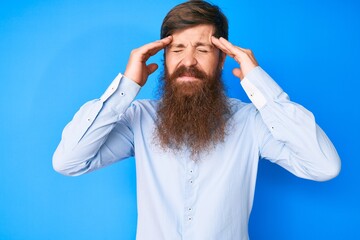 Canvas Print - Handsome young red head man with long beard wearing elegant clothes with hand on head, headache because stress. suffering migraine.