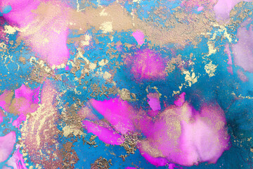 art photography of abstract fluid art painting with alcohol ink, blue, pink and gold colors