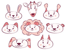 Set With Cute And Funny Faces Of Different Animals. Cool Kawaii Cartoon Prints For T-shirts, Backpacks, Covers, Cups. Picture For Packaging, Logo, Label, Signs For Children's Clothing Store And Goods.
