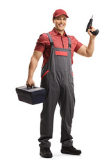 Sticker - Full length portrait of a repairman with a tool box and a drill