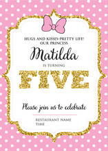 Birthday Invitation For Girl, Five Years Old Party. Printable Vector Template With Pink Background With White Polka Dots, Invite With Text.