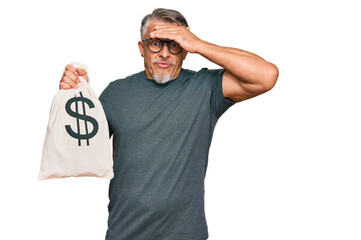 Sticker - Middle age grey-haired man holding dollars bag stressed and frustrated with hand on head, surprised and angry face