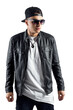 © zamuruev - Fashion portrait of young handsome man. Cool rap dj, electro house music, deep house, mens fashion style,black style, leather jacket, rap, cat, b-boy, freestyler, singer, talented rap singer