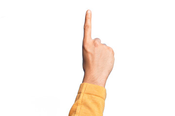 Wall Mural - Hand of caucasian young man showing fingers over isolated white background counting number one using index finger, showing idea and understanding