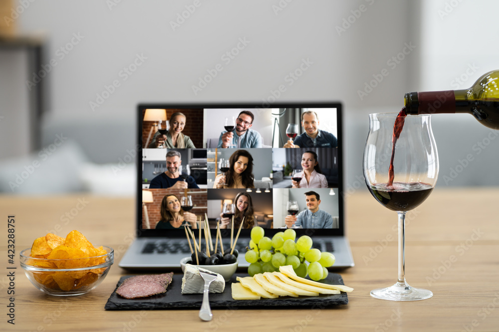 Virtual Wine Tasting Dinner Event Online - obrazy, fototapety, plakaty 