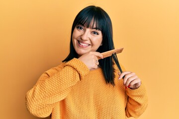 Poster - Young hispanic woman styling hair using comb smiling with a happy and cool smile on face. showing teeth.