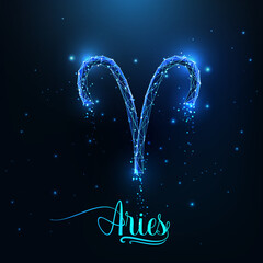 futuristic glowing low polygonal aries zodiac sign concept on dark blue background.