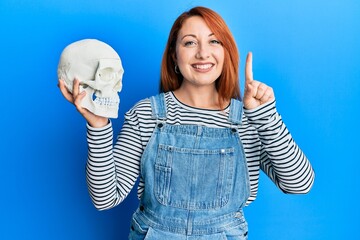 Wall Mural - Beautiful redhead woman holding human skull smiling with an idea or question pointing finger with happy face, number one