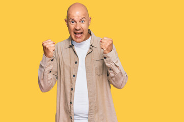 Wall Mural - Middle age bald man wearing casual clothes celebrating surprised and amazed for success with arms raised and open eyes. winner concept.