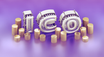 Aufkleber - Initial Coin Offering - 3D Typography. Capital letters in a steampunk style are composed into the abbreviation of I. C. O. amongst stacks of coins. 3d rendering graphics in isometric projection.