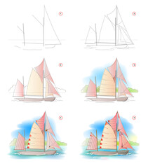 Wall Mural - how to learn to draw sketch of swimming sailboat. creation step by step watercolor painting. educati
