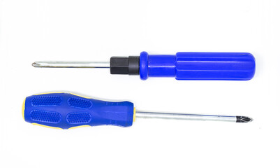 Wall Mural - pair of screwdrivers with a blue plastic handle lie parallel to each other on a white isolated background