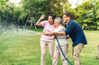 © Art_Photo - Portrait enjoy happy smiling love multi-generation asian big family.Senior elderly mother with young adult woman and young man son on walking outdoor in park at home.insurance concept