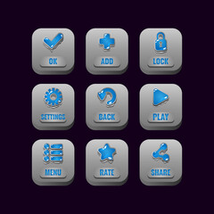 Wall Mural - collection set of square stone buttons with jelly icons for game ui asset elements vector illustrati