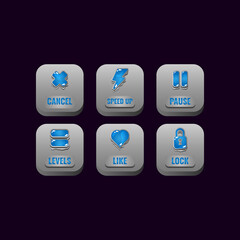 Wall Mural - set of square stone buttons with jelly icons for game ui asset elements vector illustration