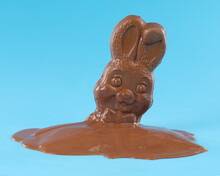 Chocolate Easter Bunny Rabbit Melting Into A Puddle. Disappointment Easter Concept.