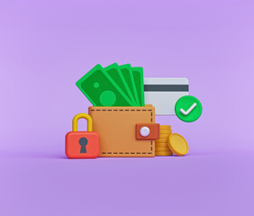 Aufkleber - Wallet, money bill, coins stack, lock, and credit card isolated. concept of online payment protection and financial security. 3d rendering