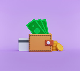 Poster - Wallet, money bill, coins stack, and credit card isolated. minimal digital payment concept. 3d rendering