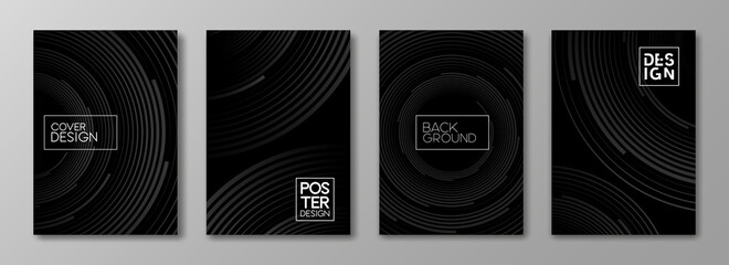 Wall Mural - Set of cover black and white cards. Minimal geometric pattern with round wavy lines for banner, posters, and wallpaper. Vector Template