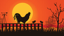Rooster Silhouette Crowing At Sunrise