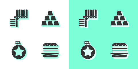 Sticker - Set Burger, Indian headdress with feathers, Canteen water bottle and Gold bars icon. Vector