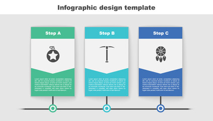 Poster - Set Canteen water bottle, Pickaxe and Dream catcher with feathers. Business infographic template. Vector