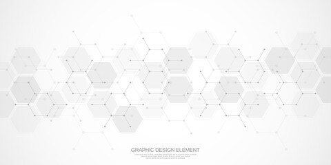 Wall Mural - Abstract background of hexagons pattern and chemical engineering, genetic research, molecular structure. Vector illustration for innovation technology concept, science, healthcare, and medicine design