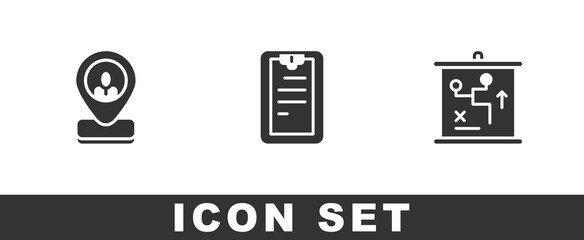 set worker location, clipboard with checklist and planning strategy concept icon. vector