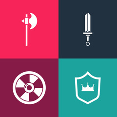 Canvas Print - Set pop art Shield with crown, Round wooden shield, Medieval sword and axe icon. Vector