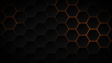Abstract Dark Hexagon Pattern On Orange Neon Background Technology Style. Modern Futuristic Honeycomb Concept.
