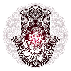 Hand drawn Ornate amulet Hamsa Hand of Fatima with Lord Ganesh. Ethnic amulet common in Indian